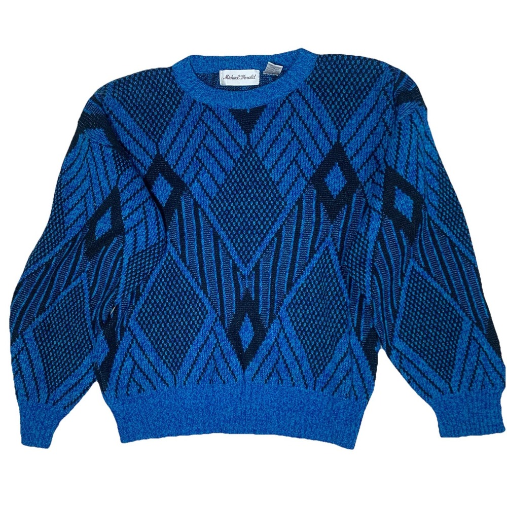 Michael Gerald Sweater Mens Small Blue Excellent Vintage Geometric Knit Crewneck
